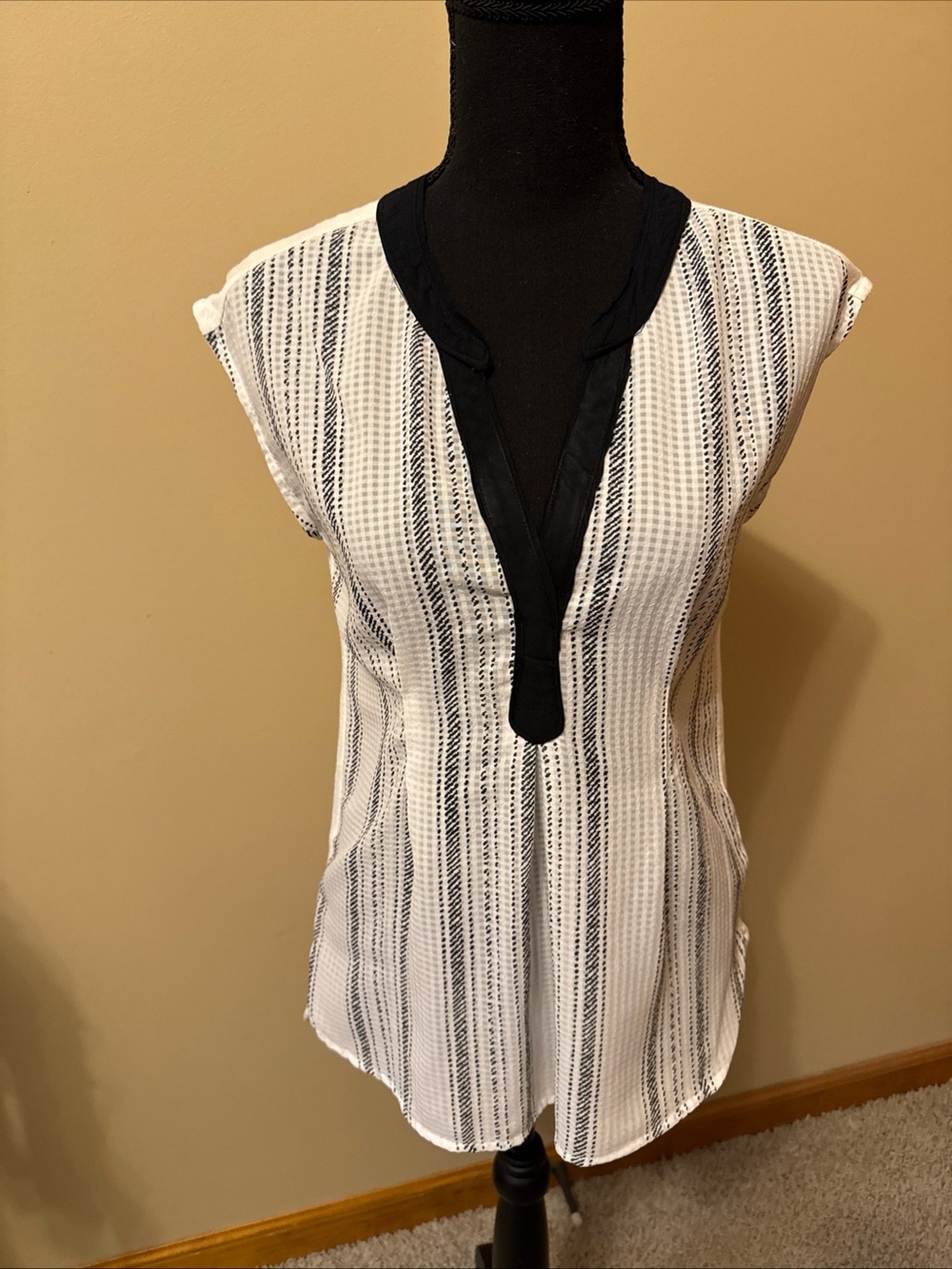 Anthropologie White and Black Striped Split-Neck Blouse